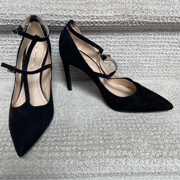 Zara Basic Black Suede Strappy Silver Hardware 4" Stiletto Heels Sexy Evening - Picture 2 of 16